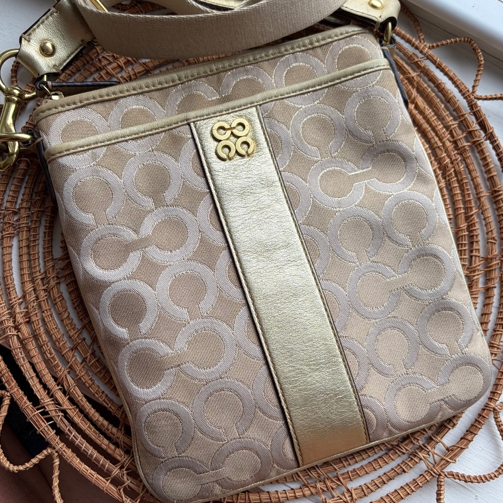Coach Julia Op Art Gold Khaki Monogram Swingpack Crossbody Bag